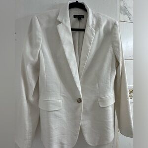 Ann Taylor Herringbone one button linen blazer - white